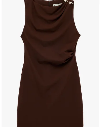 Rochie mini fara maneci cu drapaj frontal, Maro inchis
