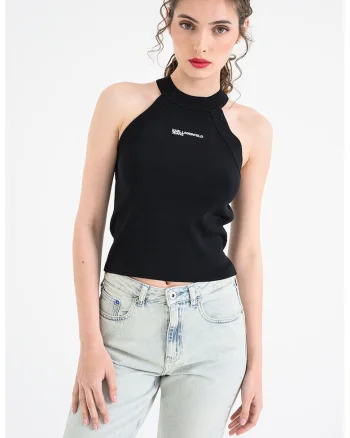 Tricou crop cu imprimeu logo, Negru
