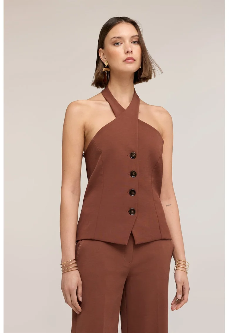 Top halter cu nasturi decorativi, Maro cognac