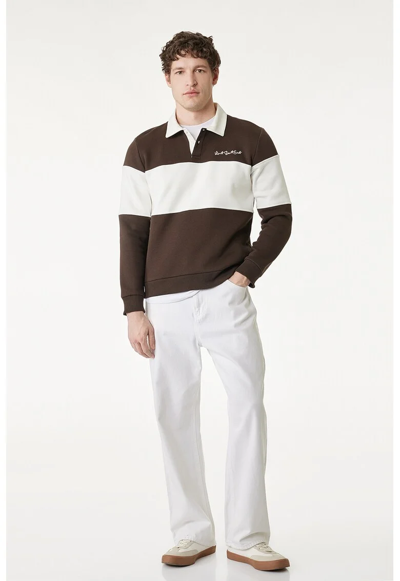 Bluza de trening polo cu dungi, Maro inchis/Alb fildes