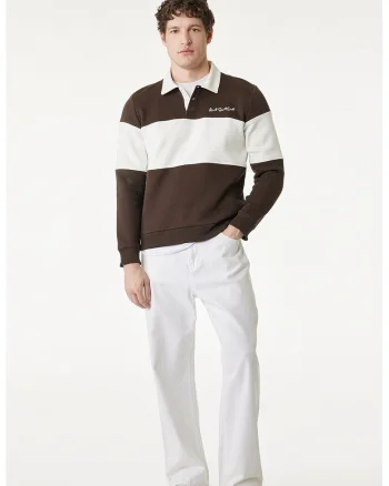 Bluza de trening polo cu dungi, Maro inchis/Alb fildes