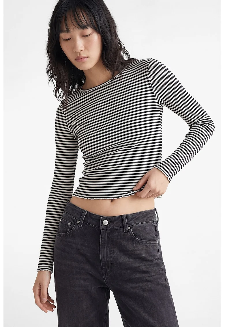 Bluza crop in dungi, Alb optic/Bleumarin