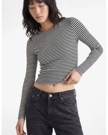 Bluza crop in dungi, Alb optic/Bleumarin