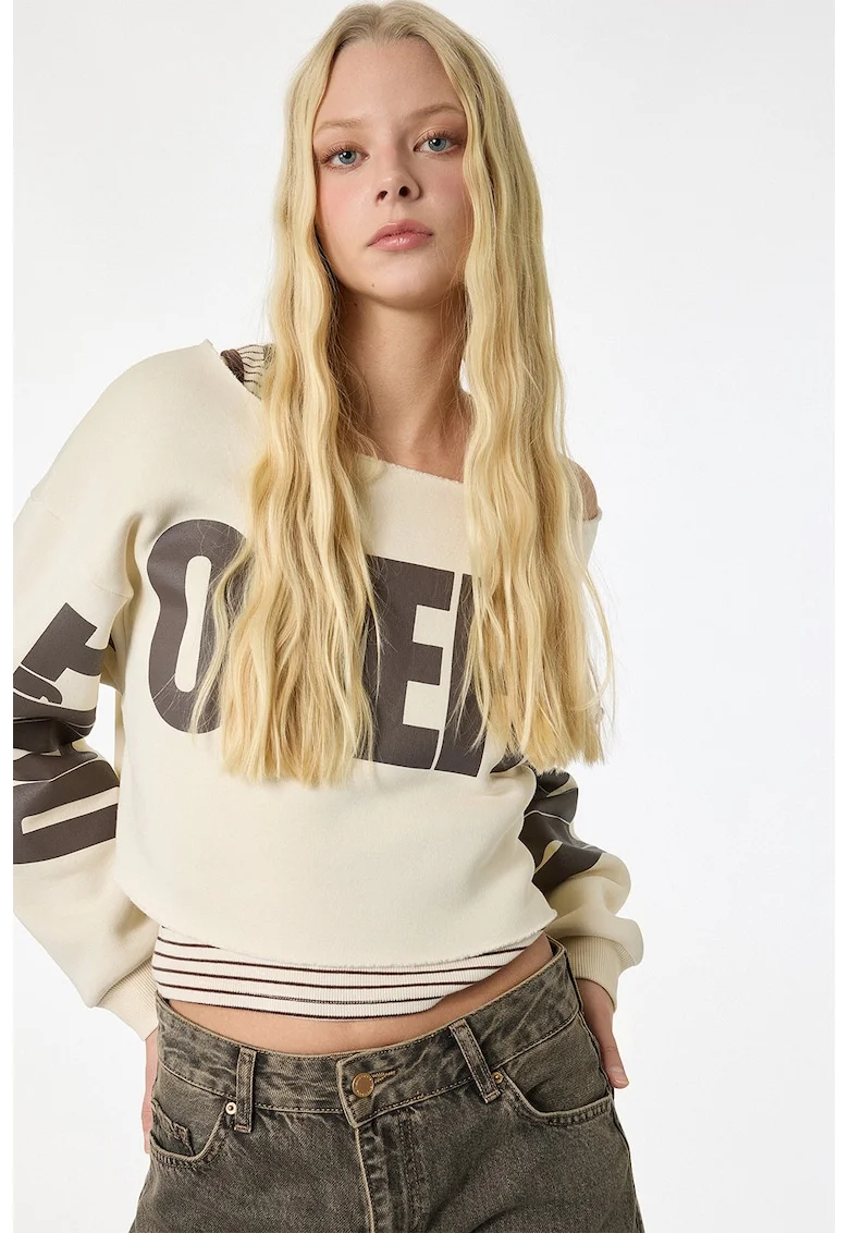 Bluza de trening crop cu imprimeu, Bej deschis/Maro pamantiu