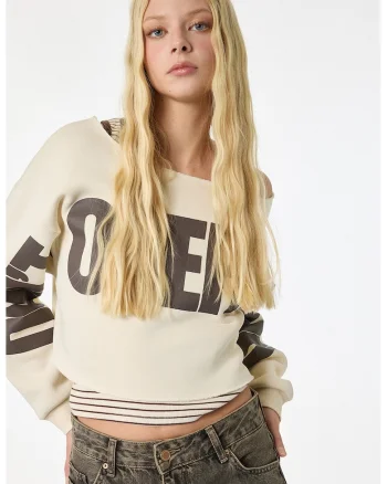 Bluza de trening crop cu imprimeu, Bej deschis/Maro pamantiu