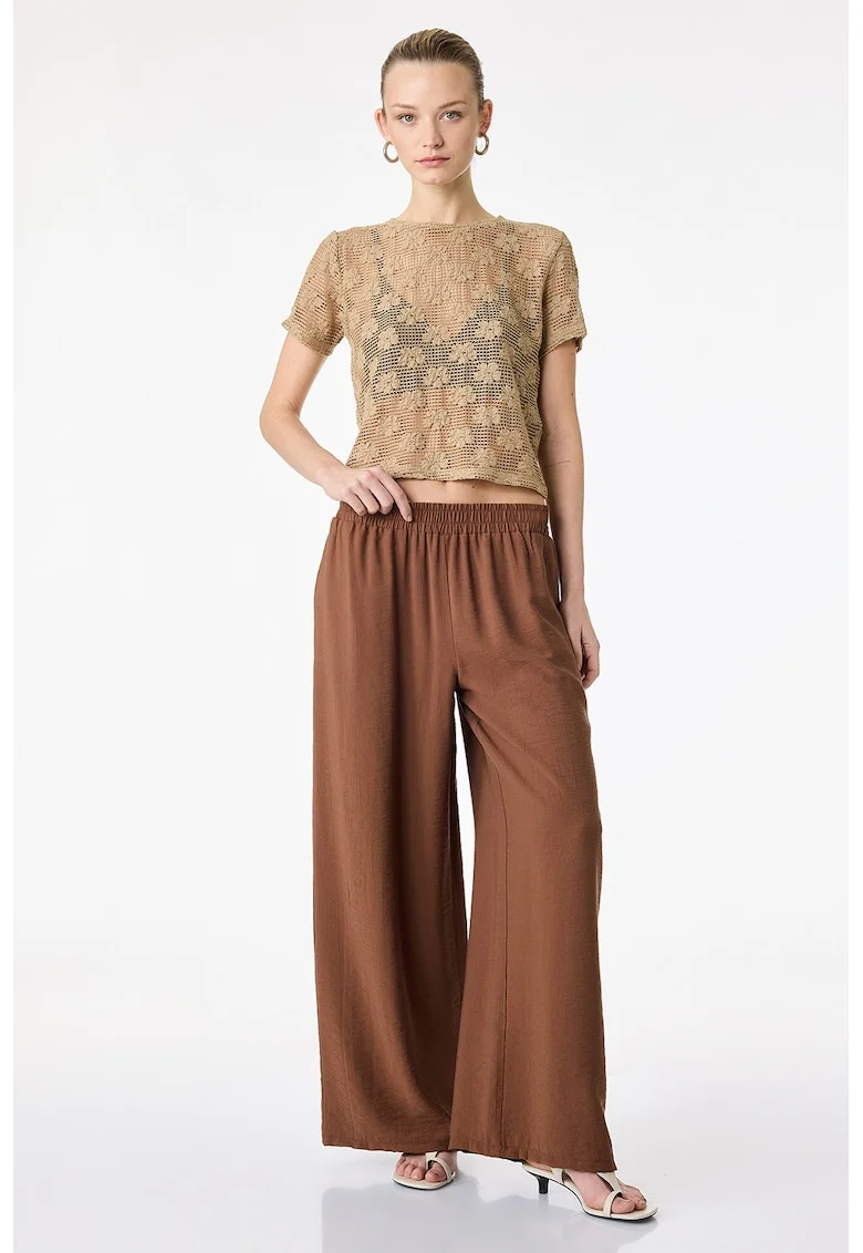 Pantaloni ampli cu banda elastica in talie, Maro inchis