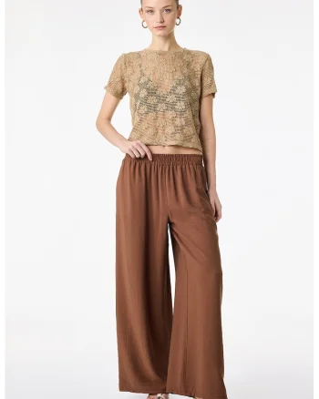 Pantaloni ampli cu banda elastica in talie, Maro inchis