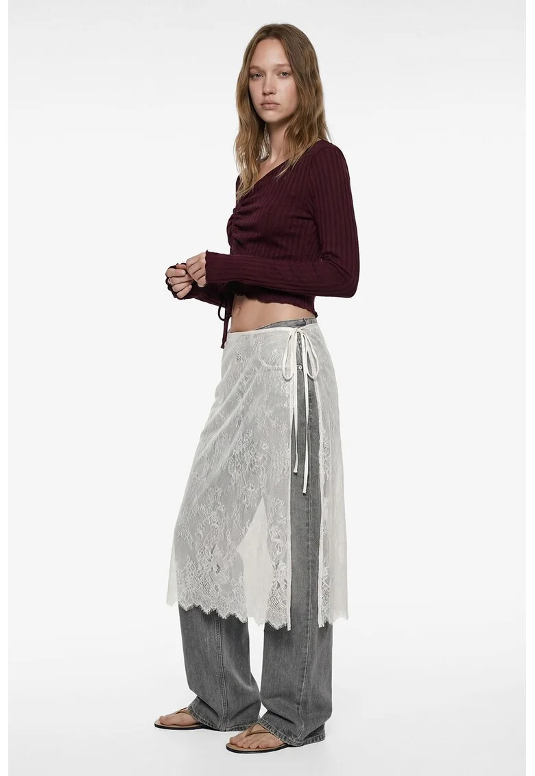 Bluza crop din amestec de bumbac, Maro cognac