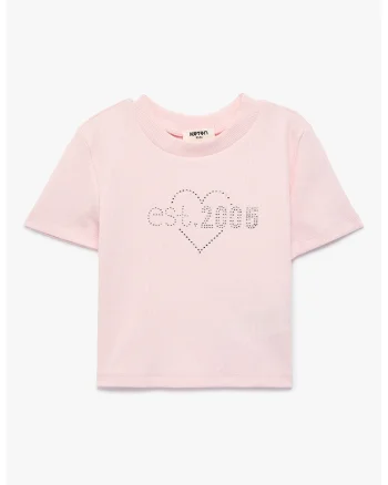 Tricou din amestec de bumbac cu strasuri, Roz pastel