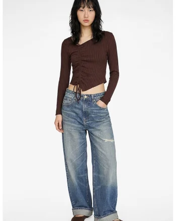Bluza crop din amestec de bumbac, Maro inchis