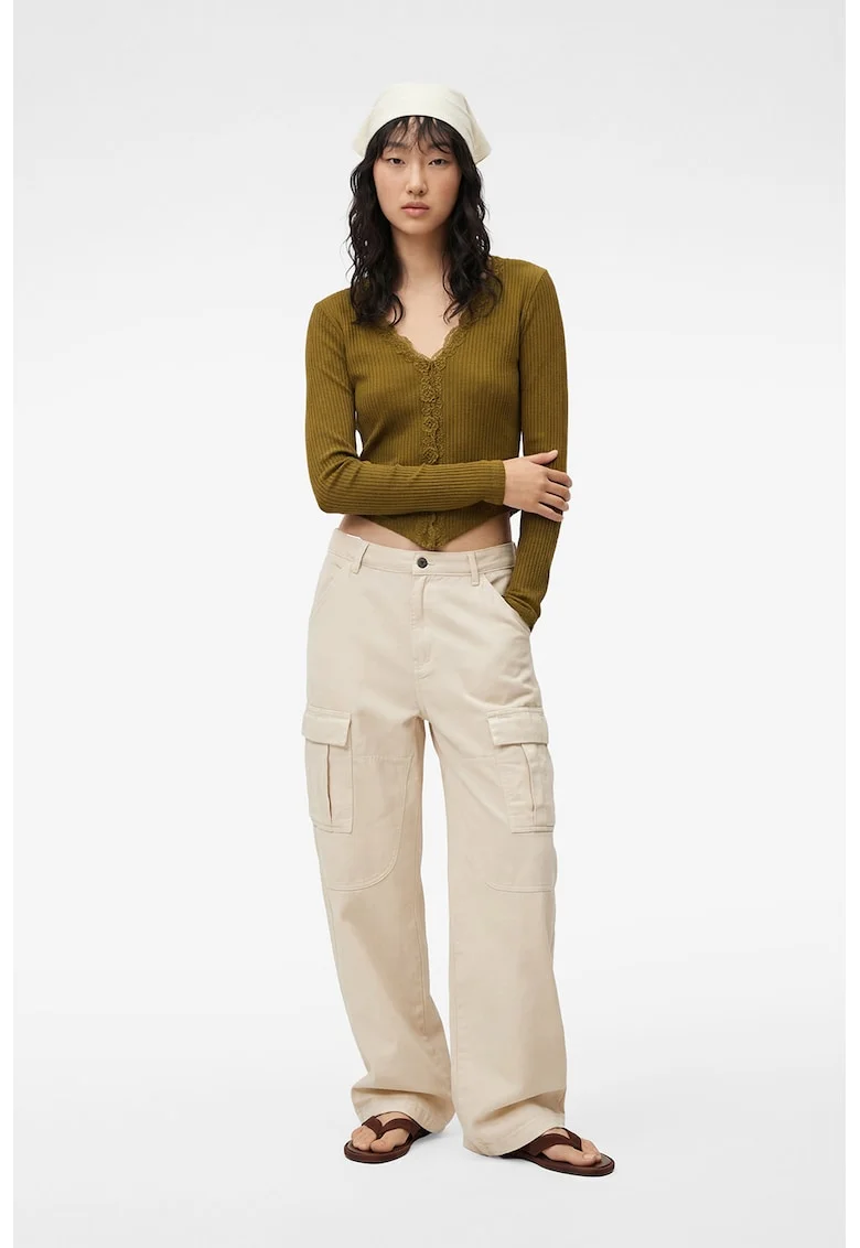 Bluza crop cu decolteu in V, Verde masliniu