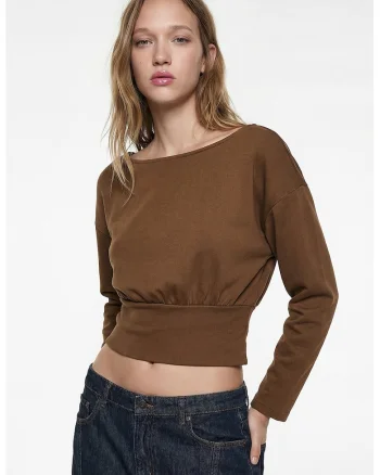 Bluza crop cu terminatie evazata, Maro inchis