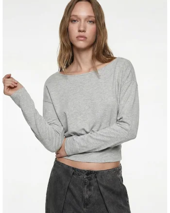 Bluza crop cu terminatie evazata, Gri melange