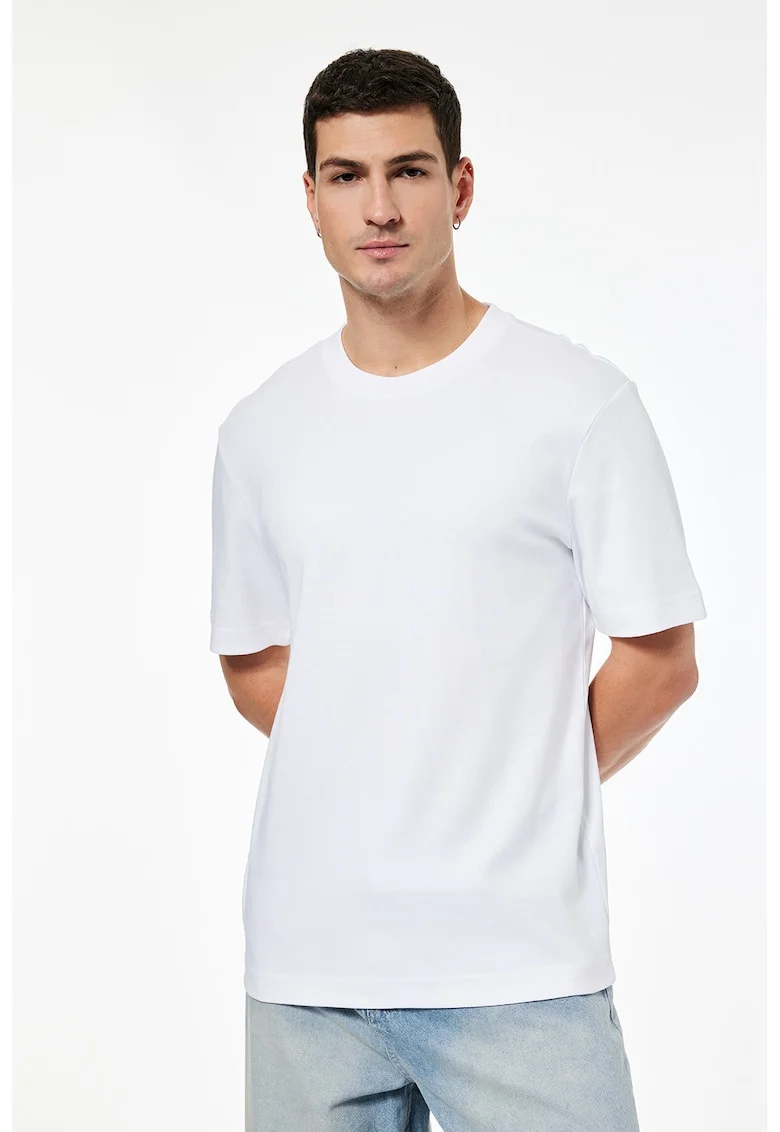 Tricou din bumbac cu model uni, Alb optic