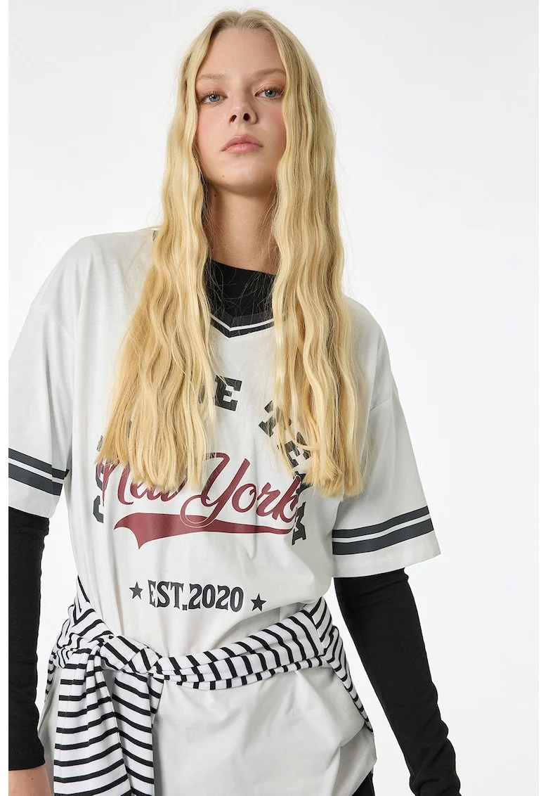 Tricou de bumbac cu model text, Alb/Visiniu/Negru