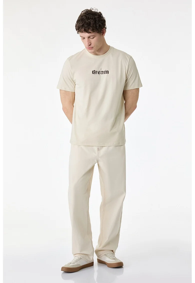 Tricou de bumbac cu decolteu la baza gatului, Bej deschis
