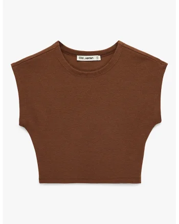Tricou crop din amestec de bumbac si modal, Maro pamantiu