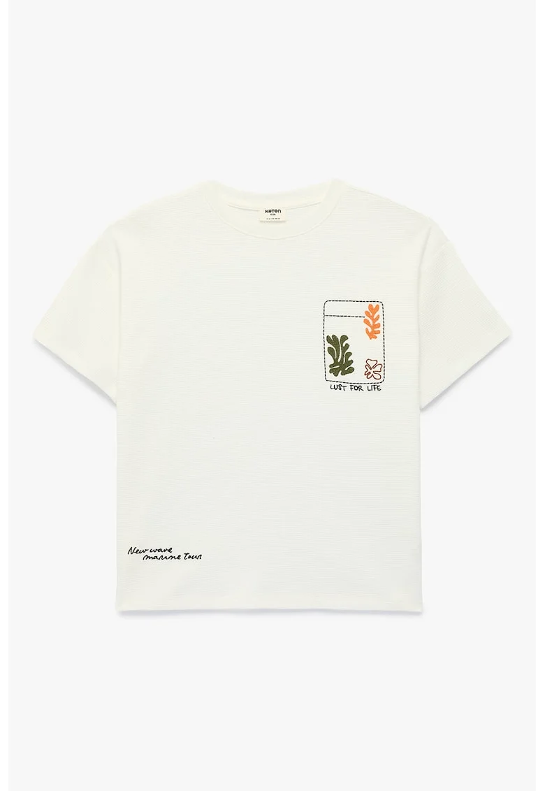 Tricou de bumbac cu decolteu la baza gatului, Verde/Portocaliu/Alb murdar
