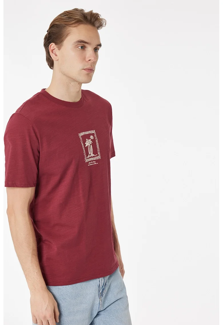 Tricou de bumbac cu decolteu la baza gatului, Visiniu