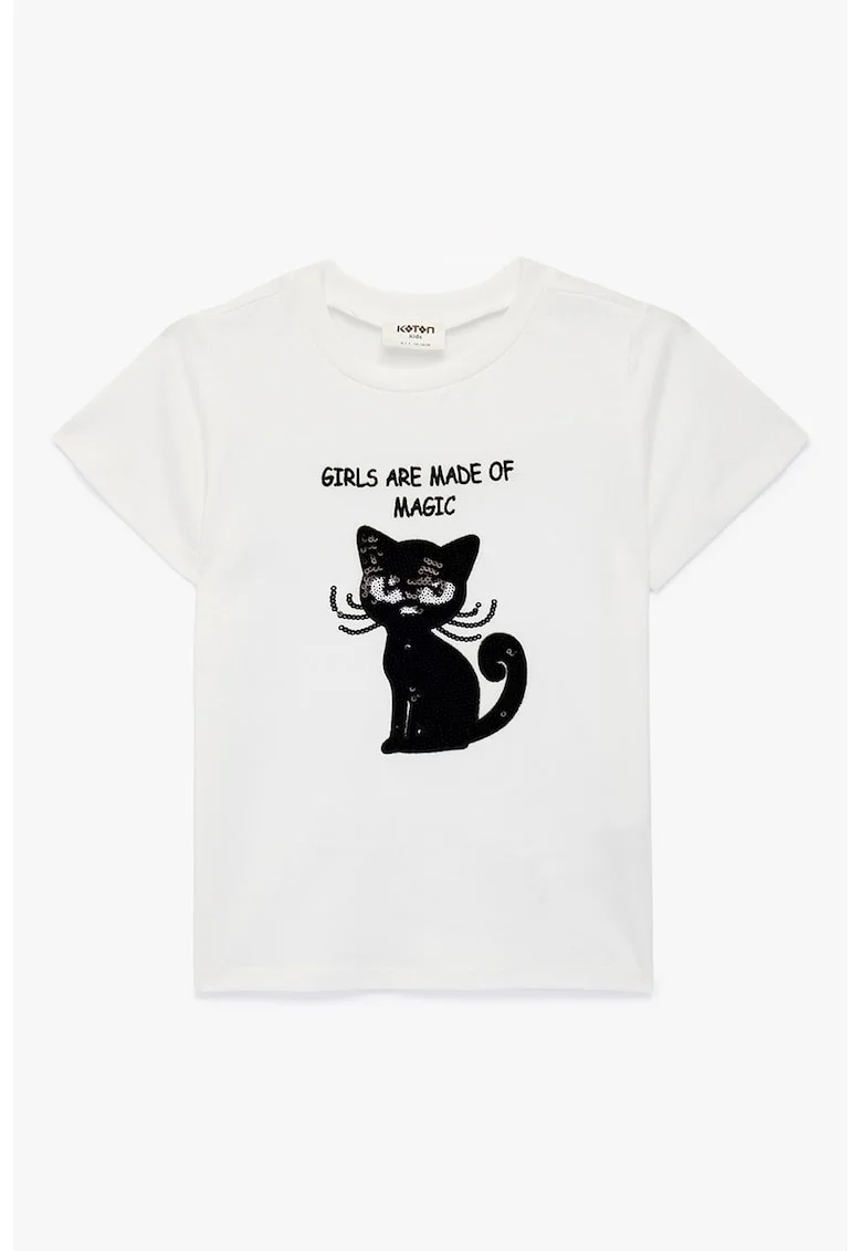Tricou cu imprimeu text si pisica, Alb/Negru