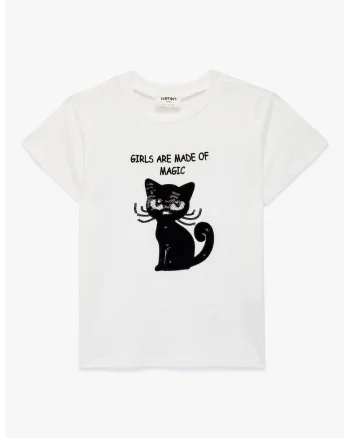 Tricou cu imprimeu text si pisica, Alb/Negru
