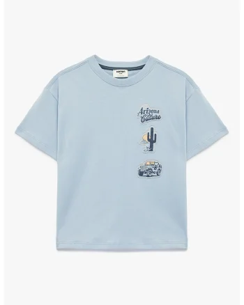 Tricou de bumbac cu decolteu la baza gatului si aplicatii, Albastru deschis melange