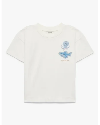 Tricou de bumbac cu broderie rechin, Alb/Albastru