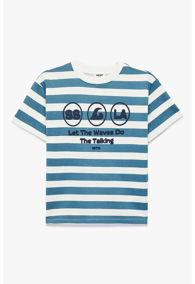 Tricou cu dungi si imprimeu grafic, Alb/Albastru petrol