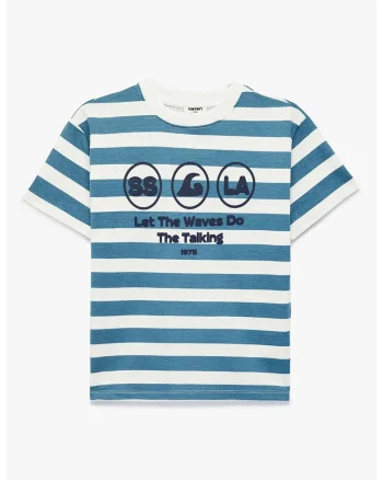 Tricou cu dungi si imprimeu grafic, Alb/Albastru petrol