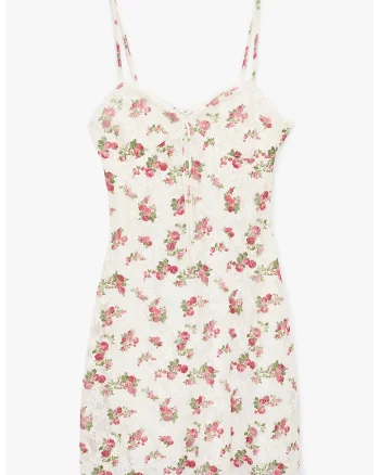 Rochie cambrata cu model floral si bretele subtiri, Verde/Roz/Crem