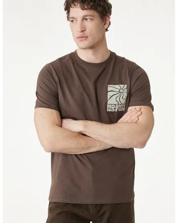 Tricou cu decolteu la baza gatului si imprimeu pe piept, Maro pamantiu