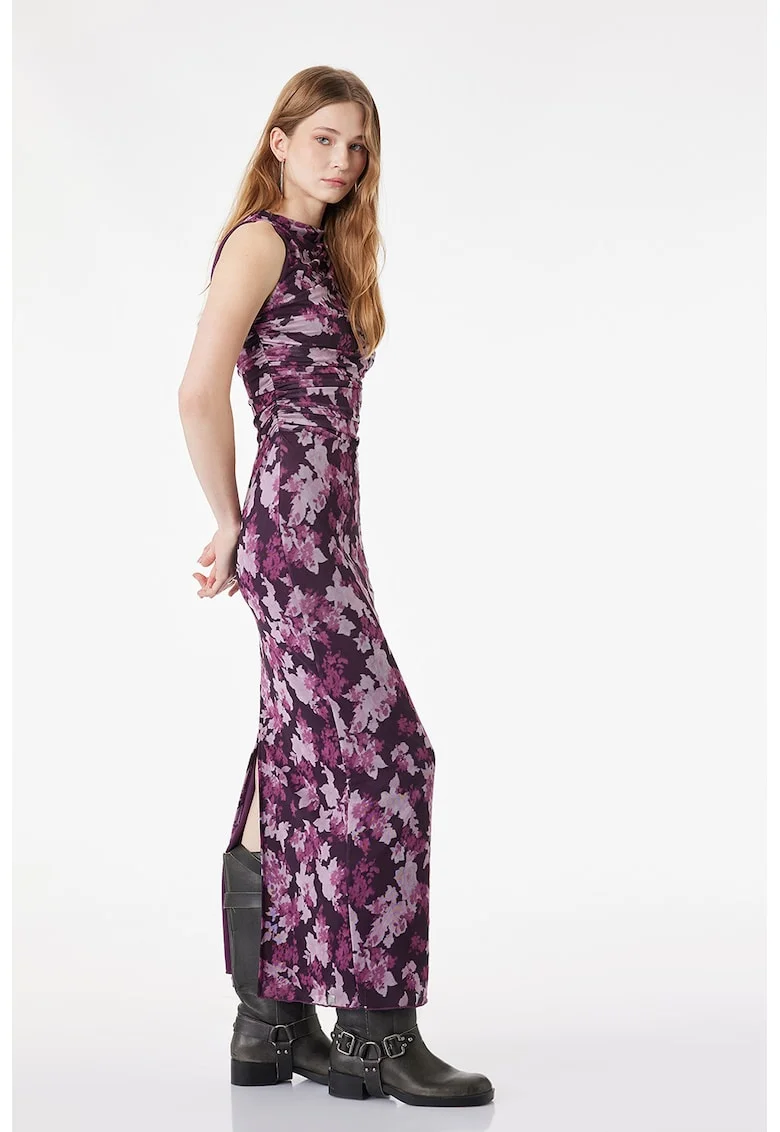 Rochie maxi cambrata cu model floral, Fucsia/Violet aubergine/Roz pal