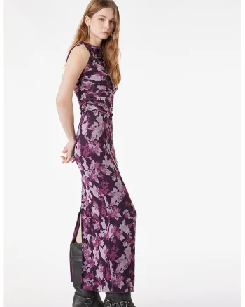Rochie maxi cambrata cu model floral, Fucsia/Violet aubergine/Roz pal