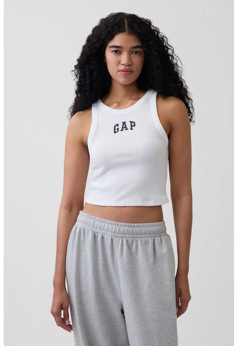 Top crop cu logo si striatii, Alb
