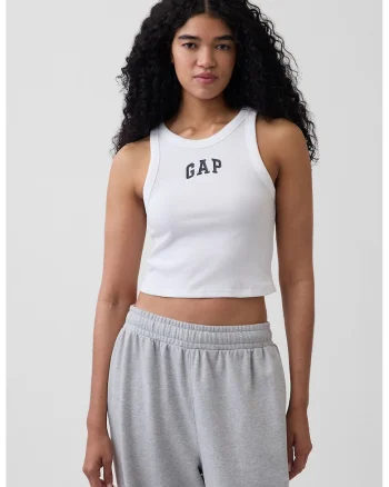 Top crop cu logo si striatii, Alb