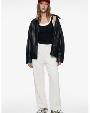 Pantaloni uni relaxed fit de trening, Alb fildes