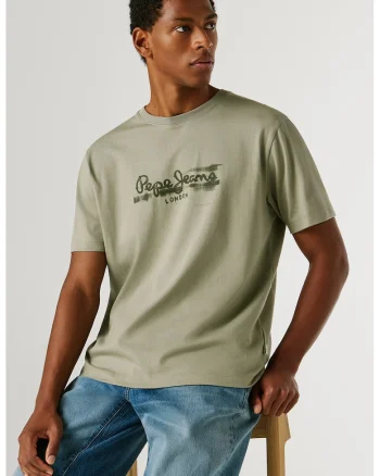 Tricou din bumbac cu logo, Kaki deschis/Kaki inchis