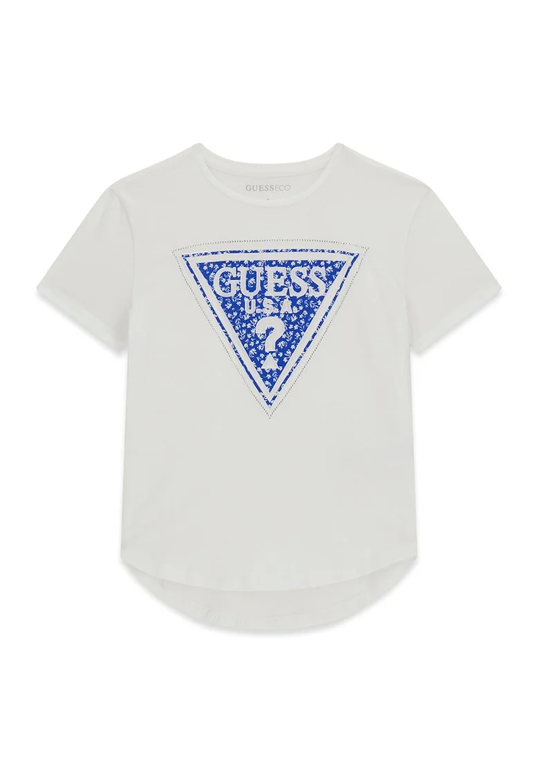 Tricou asimetric cu imprimeu logo, Alb/Albastru inchis