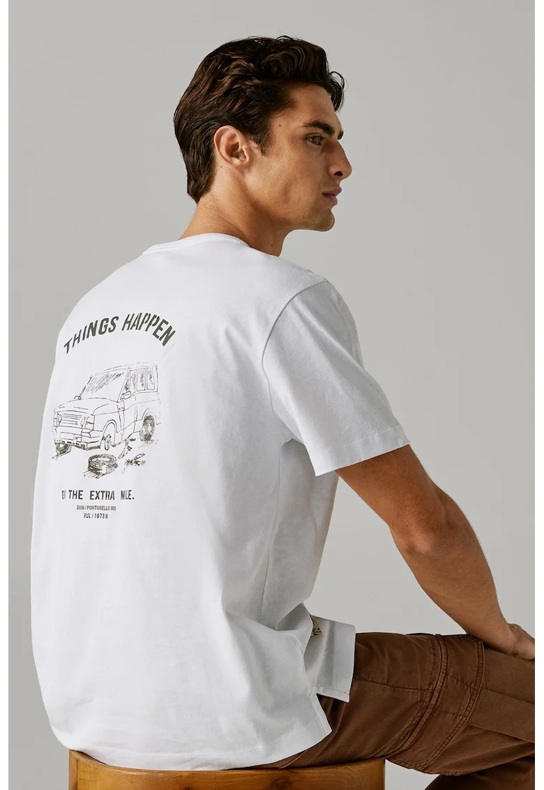 Tricou din amestec de bumbac cu imprimeu grafic pe partea din spate, Alb/Kaki inchis