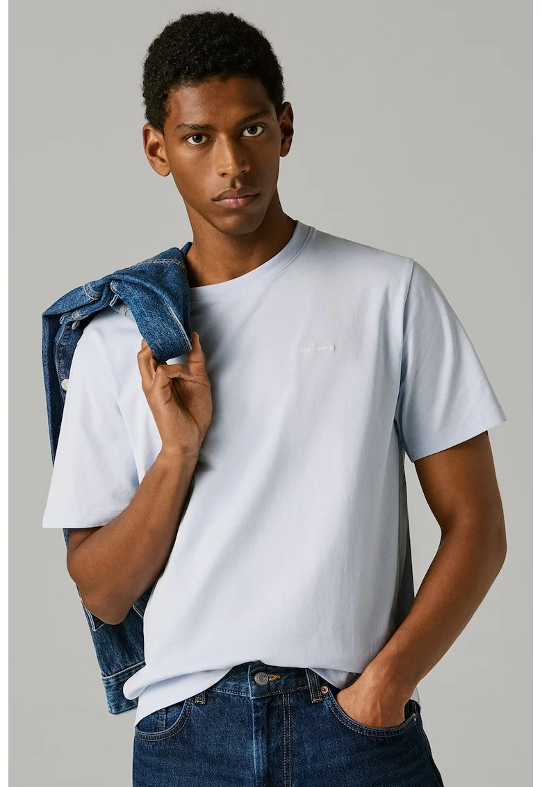 Tricou din bumbac cu logo brodat discret Connor, Albastru pal