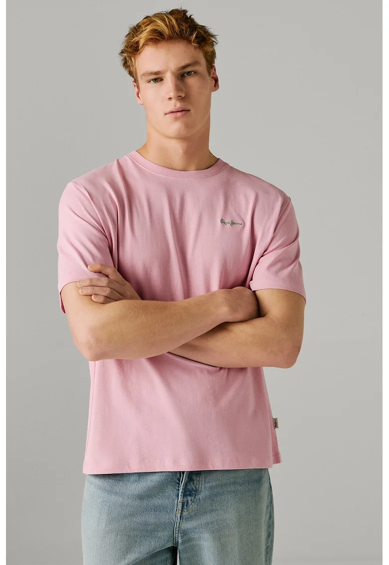 Tricou din bumbac cu logo brodat discret Connor, Roz pastel