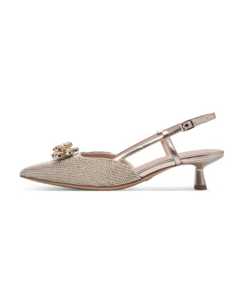 Pantofi slingback cu varf ascutit, toc kitten si element decorativ, Auriu/Lila