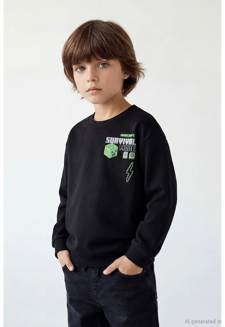 Bluza de trening cu imprimeu desene animate, Negru/Verde neon