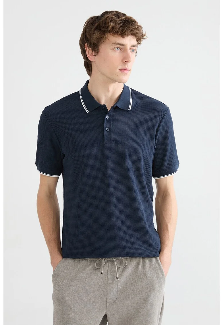 Tricou polo cu benzi contrastante, Bleumarin