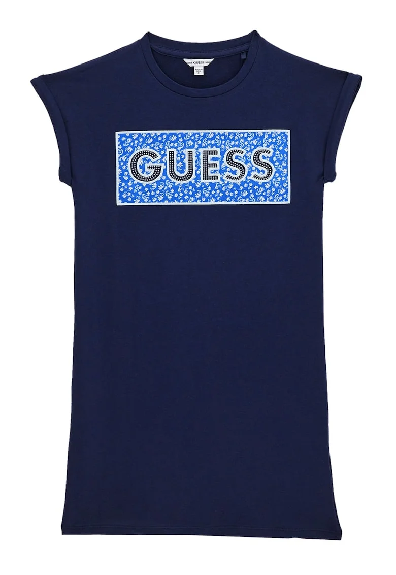 Rochie cu decolteu la baza gatului si imprimeu logo, Bleumarin