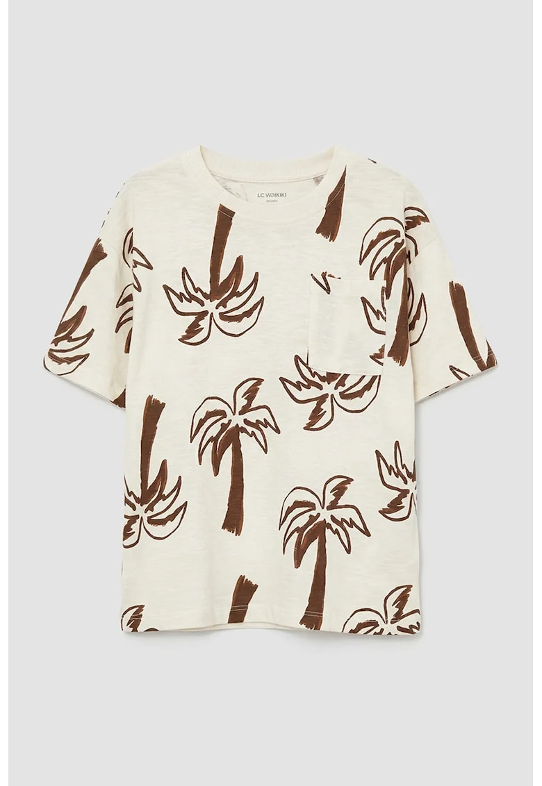Tricou de bumbac cu buzunar pe piept, Crem/Maro pamantiu