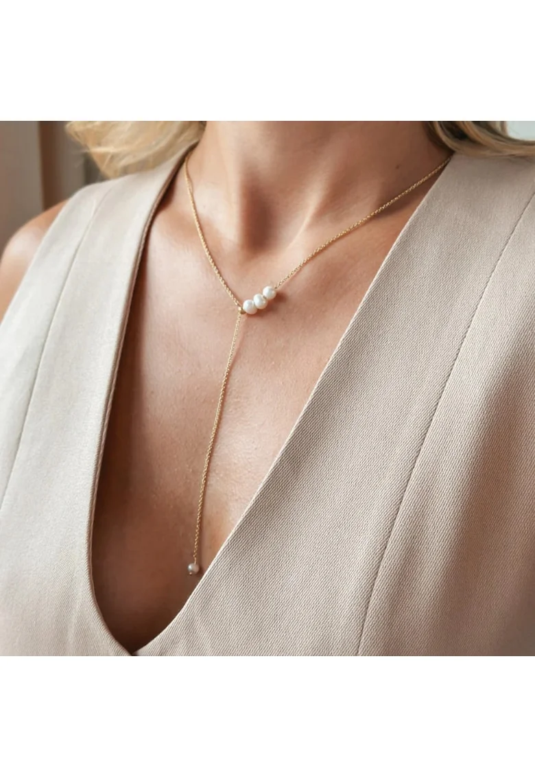 Colier din argint Golden Lariat Ajustabil - Perle de cultura