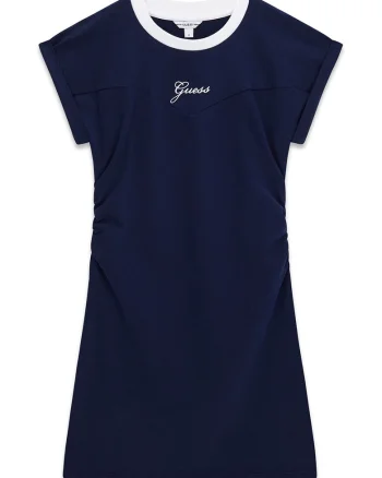 Rochie cu decolteu la baza gatului si maneci scurte, Bleumarin