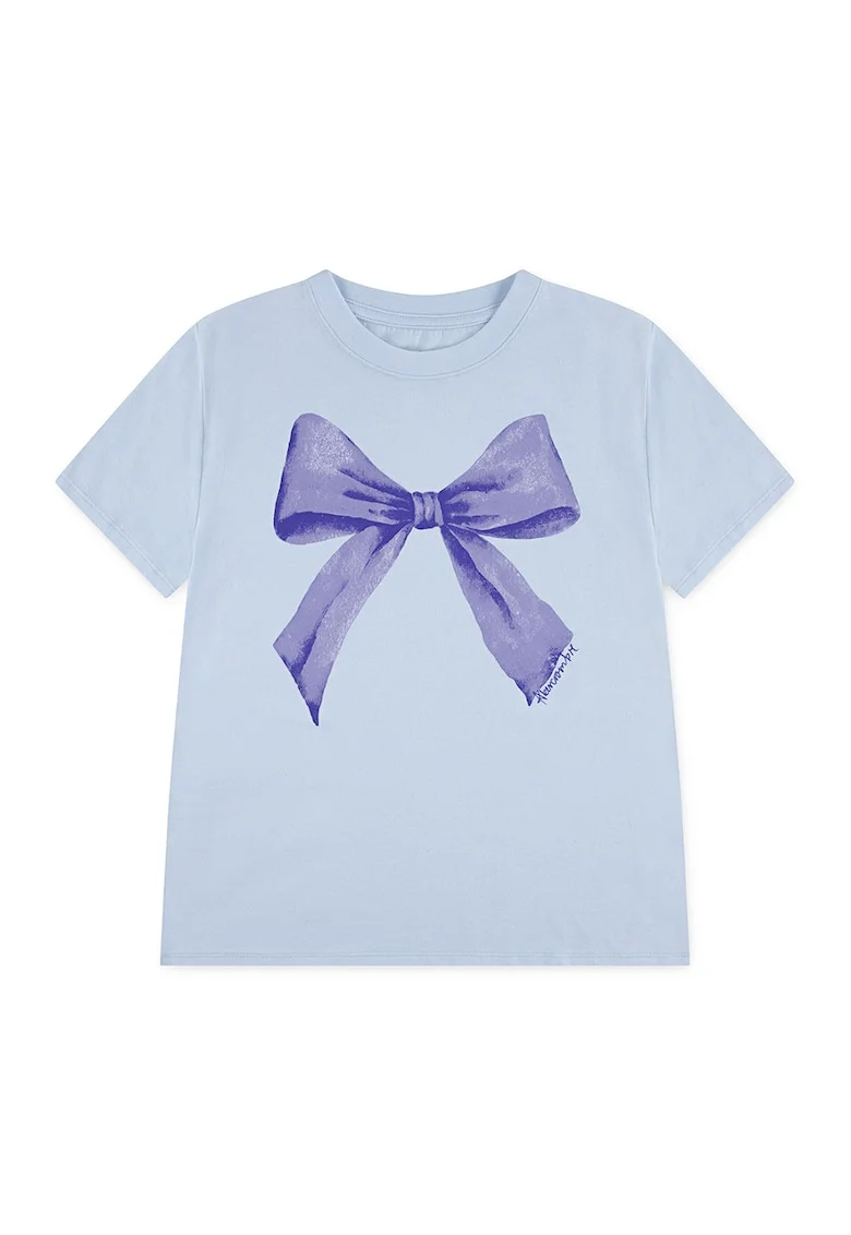 Tricou cu decolteu la baza gatului si imprimeu funda, Ametist/Albastru deschis