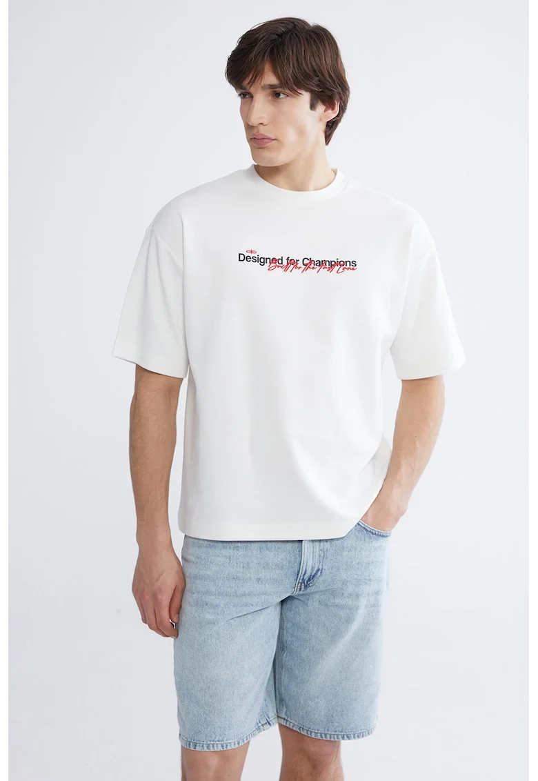 Tricou din amestec de bumbac cu imprimeu text, Alb